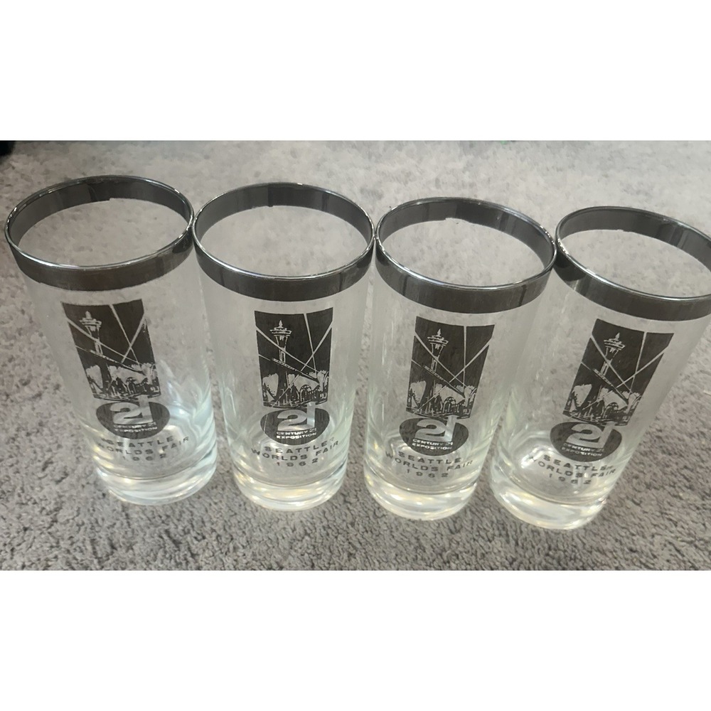 Vtg. Set 4 1962 Seattle World's Fair Century 21 Exposition Tumbler Silver Band